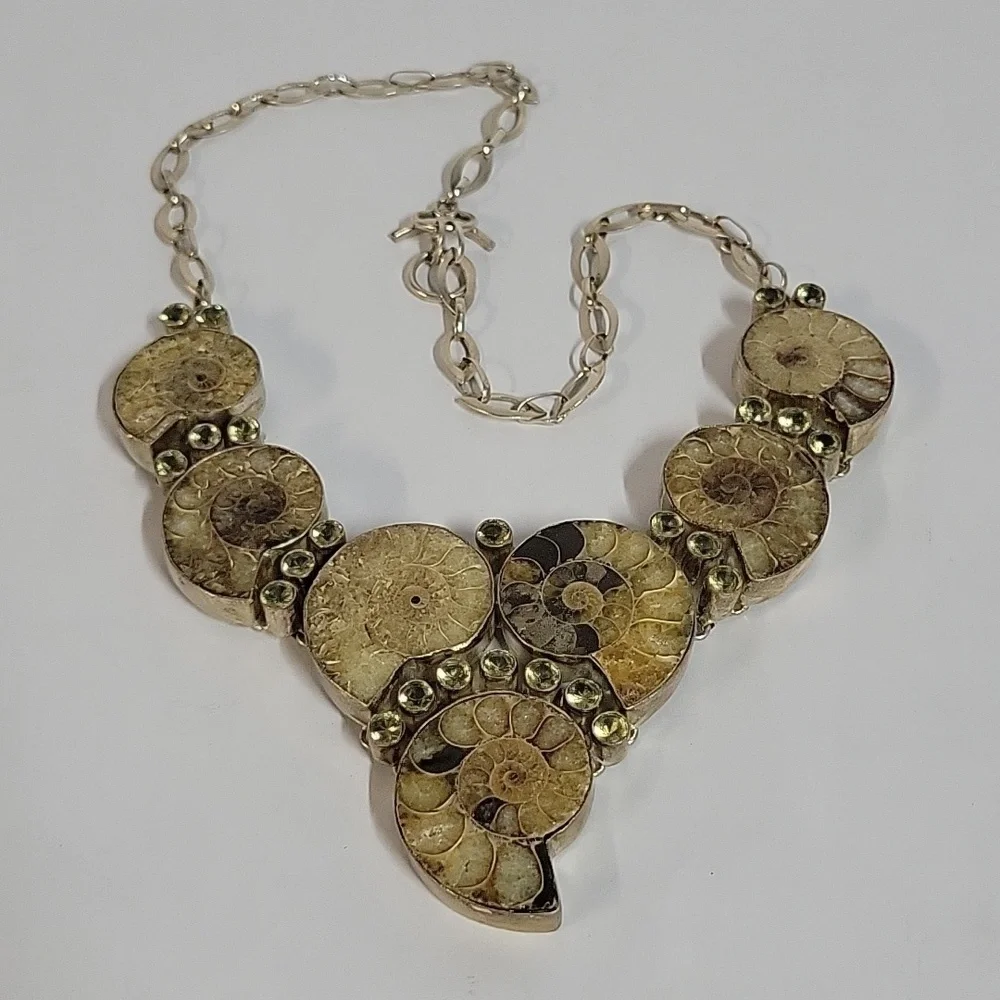 Chunky Boho Hippie Ammonite Fossil Shell Necklace with Citrine Accents - Picture 6 of 17